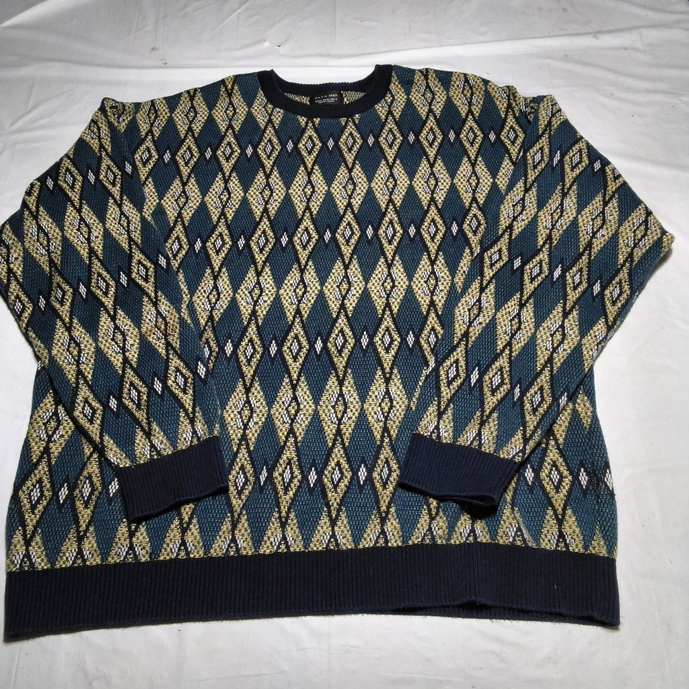 Zara Men's crewneck sweater geometric diamond jacquard Size XL